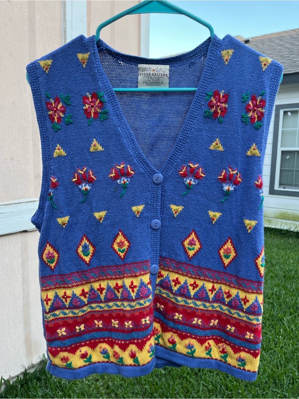 Susan Bristol Royal Blue Embroidered Vest with Multicolor Folk Motifs